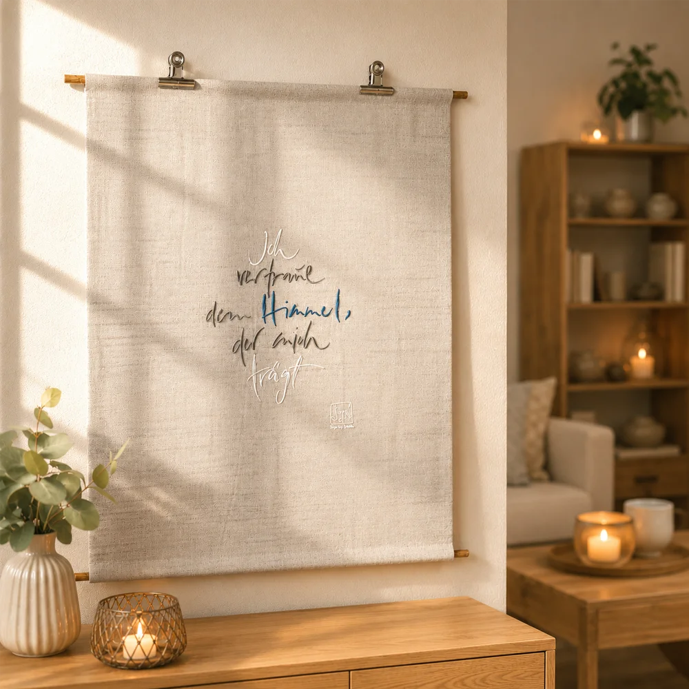Exklusiver Haussegen „Ich vertraue dem Himmel…“ Silber/Blau/Dunkelgrau – Original von Sign by Jwala®, handgefertigter Wandteppich aus Tirol, Limited Edition, einzigartiges Geschenk für Ihr Zuhause