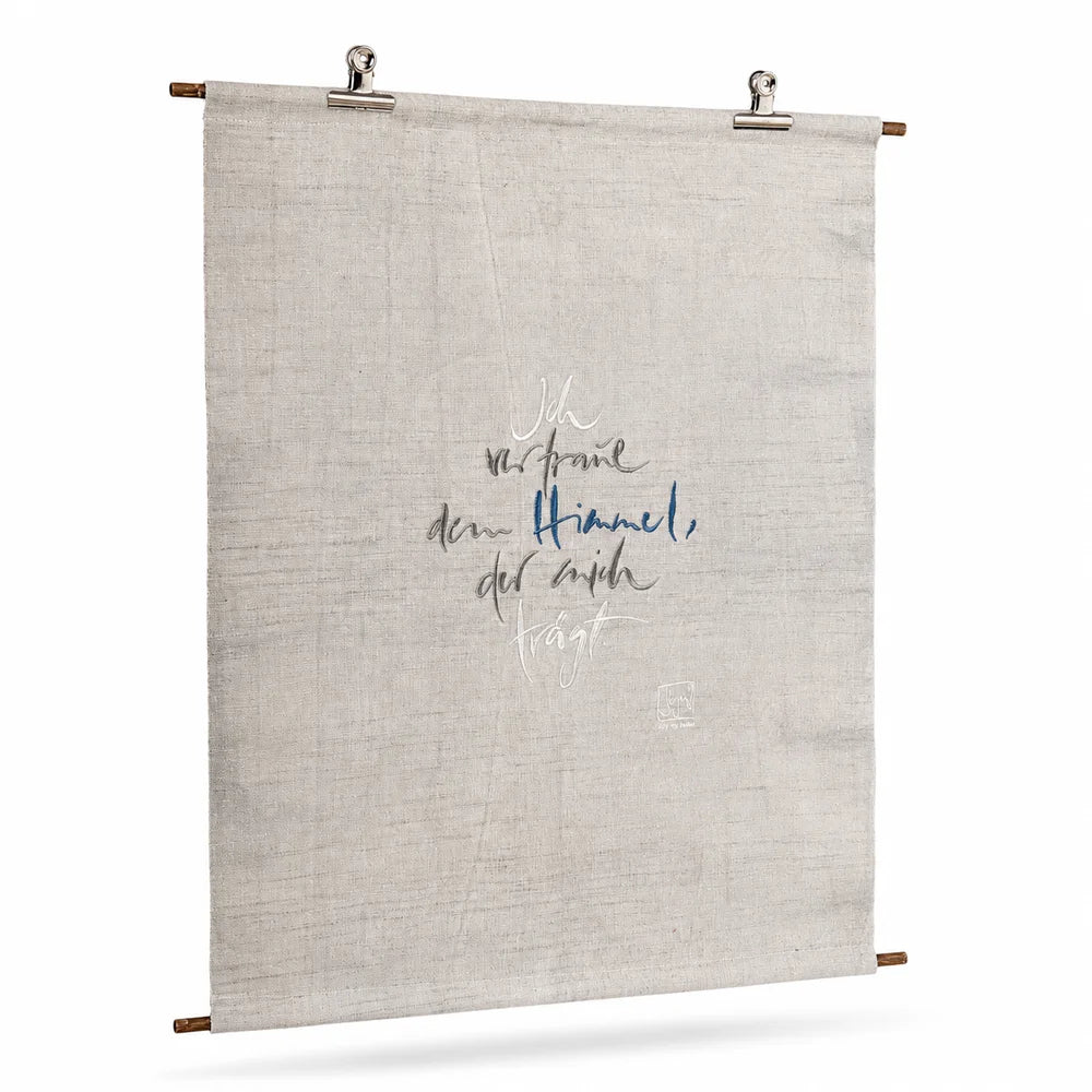 Original Haussegen „Ich vertraue dem Himmel…“ Silber/Blau/Dunkelgrau – SignShop.Tirol, einzigartige Wandkunst, handgemacht, Geschenkidee für Vertrauen und Geborgenheit