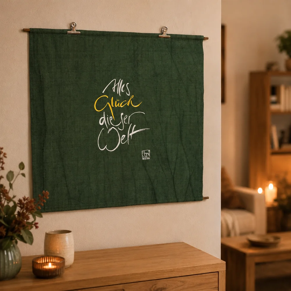Premium Wandbild „Haussegen Alles Glück dieser Welt“ – Sign by Jwala® Originaldruck, hochwertige Leinwand mit Fingerzeige Karte, spirituelle Kunst, Unikat aus Tirol