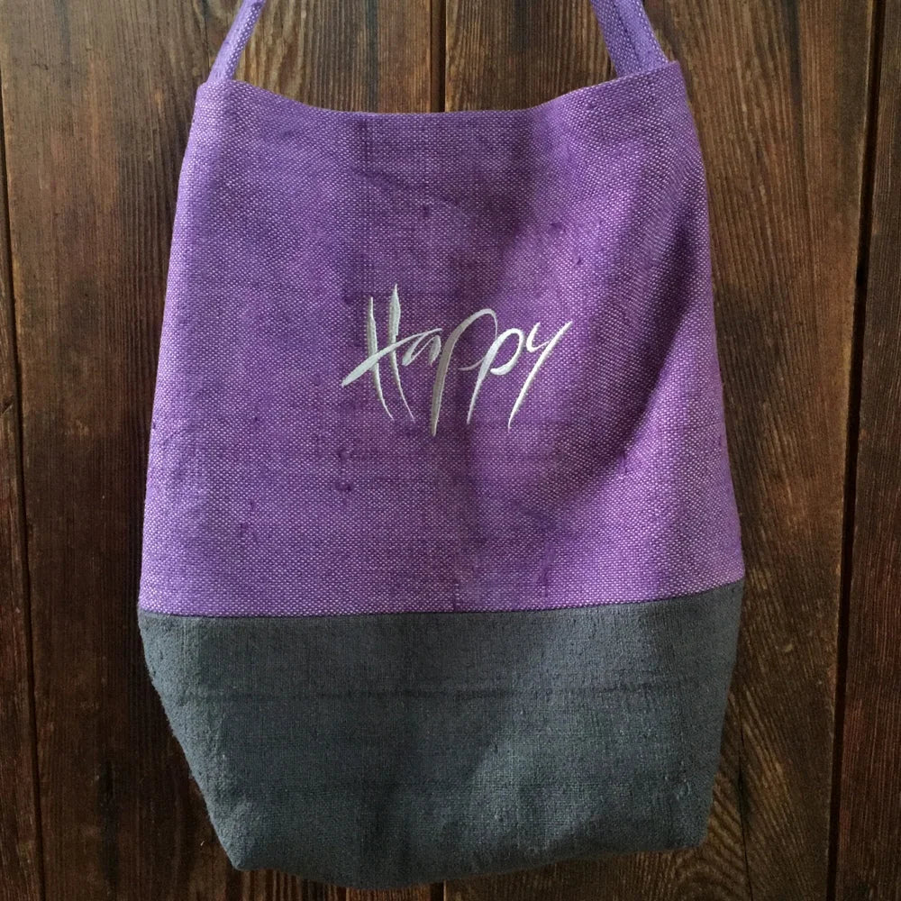 Handgemachter Shopper „Happy“ Bauernleinen – Original von Sign by Jwala®, limitiertes Einzelstück, modische Tragetasche für Inspiration, Lebensfreude und Individualität
