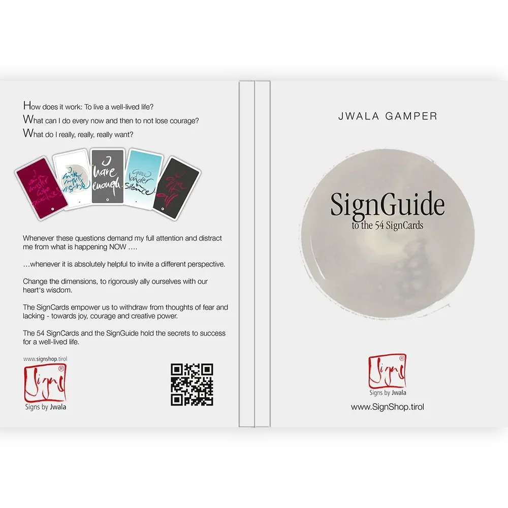 Aufgeklapptes Cover des SignGuide-Buchs mit der englischen Beschreibung der 54 SignCards zur Inspiration im Alltag, inklusive QR-Code und dem Logo von Signs by Jwala.