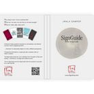 Aufgeklapptes Cover des SignGuide-Buchs mit der englischen Beschreibung der 54 SignCards zur Inspiration im Alltag, inklusive QR-Code und dem Logo von Signs by Jwala.