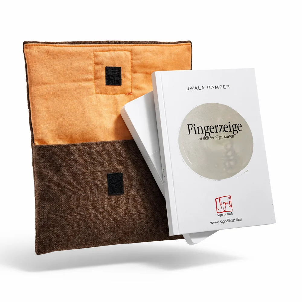 Luxuriöses Orakelkarten-Set „Fingerzeige“ Braun/Orange kaufen – Exklusive, spirituelle Karten in handgefertigter Bauernleinen-Tasche online im SignShop Tirol bestellen