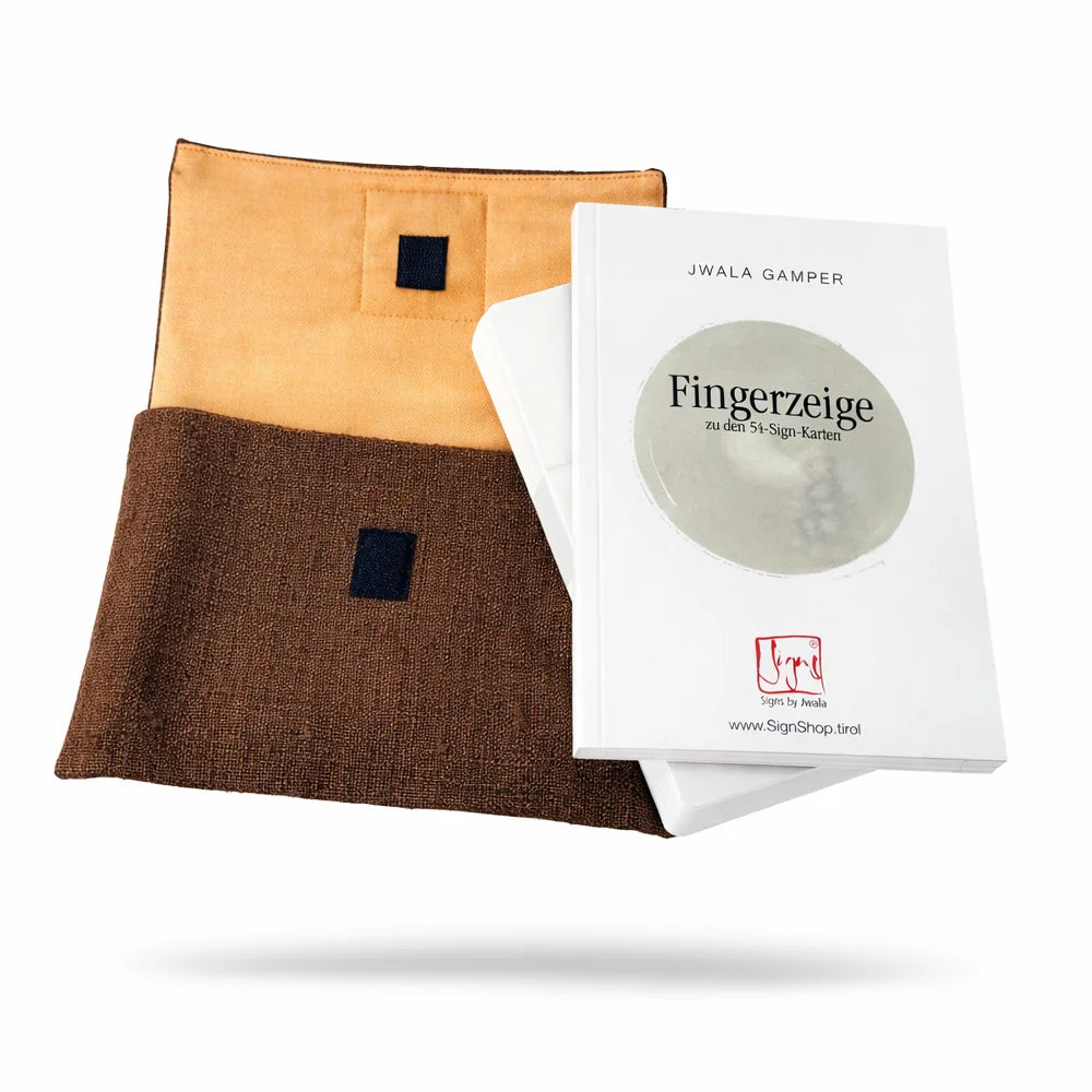 Handgefertigtes Orakelkarten-Set „Fingerzeige“ Braun/Orange – Luxus Impulskarten in exklusiver Bauernleinen-Tasche für spirituelle Entwicklung online im SignShop Tirol kaufen