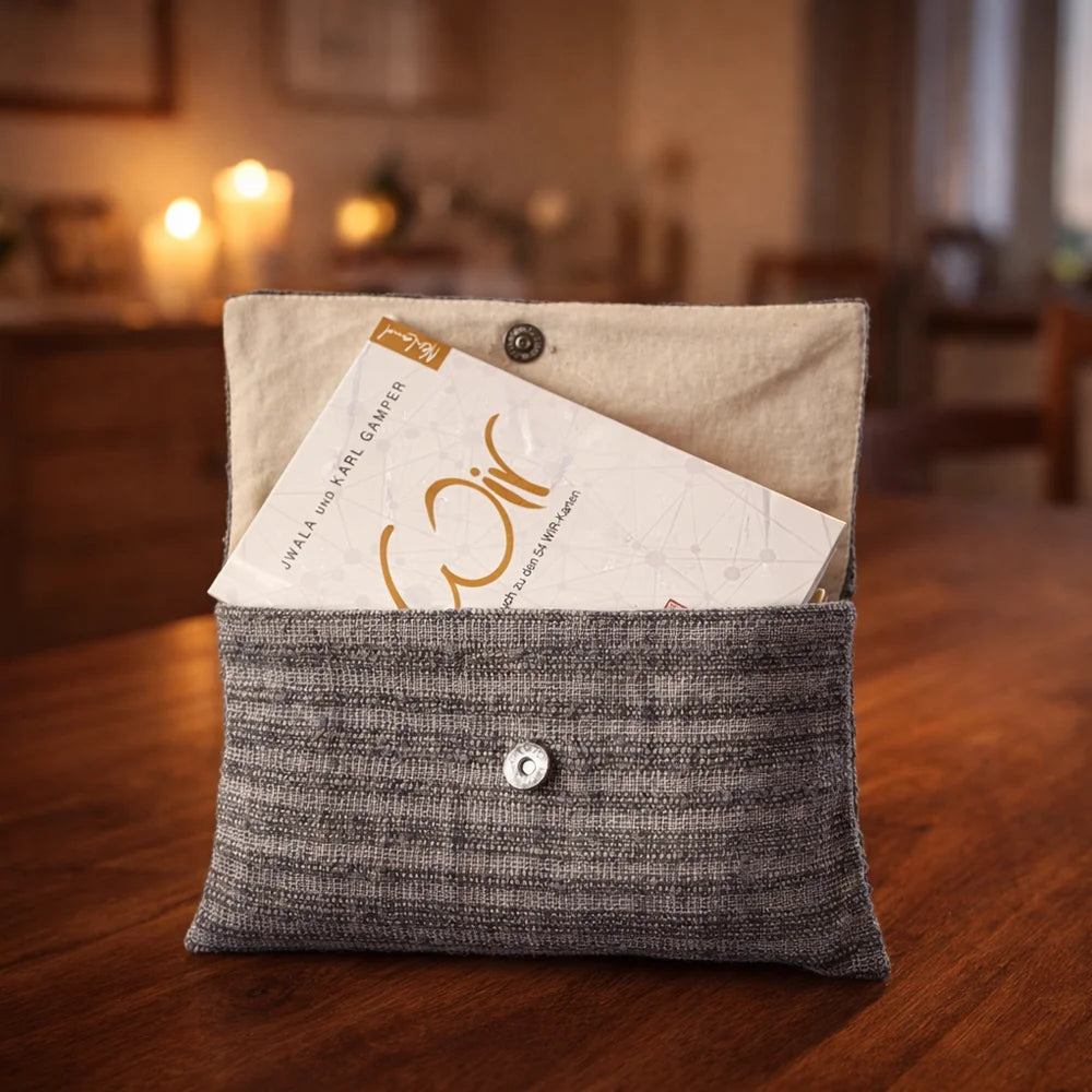 Exklusives WIR-Karten-Set mit Bauernleinentasche grau/gestreift – inspirierendes Set für Beziehungen, sichere Online-Bestellung im SignShop Tirol
