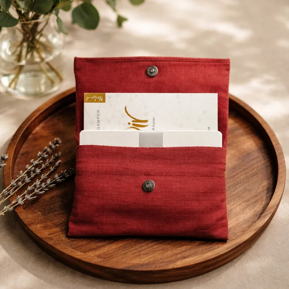 Hochwertiges WIR-Karten-Set für Kommunikation und Achtsamkeit, inklusive marsalaroter Bauernleinentasche – sicher kaufen im SignShop Tirol