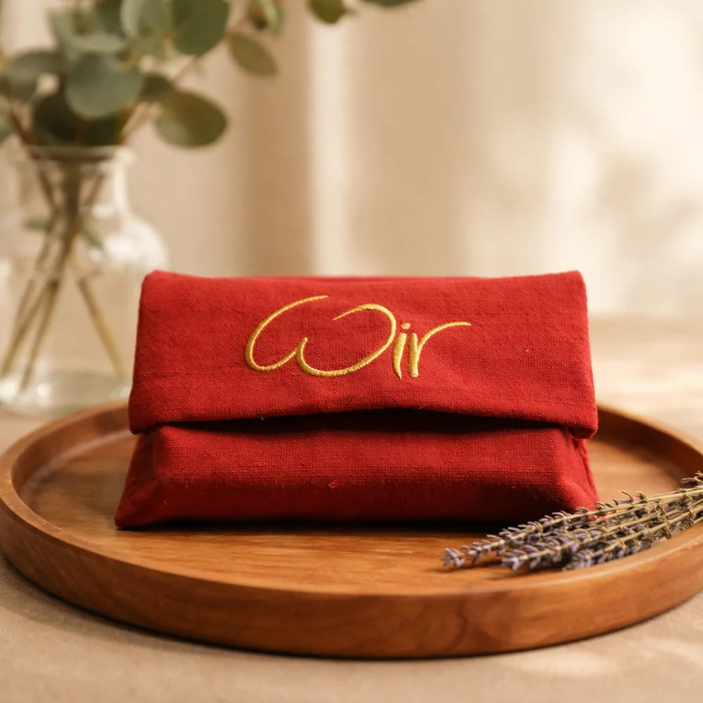 WIR-Karten-Set mit Bauernleinentasche marsalarot online kaufen – exklusive Beziehungskarten, sicher bestellen im SignShop Tirol