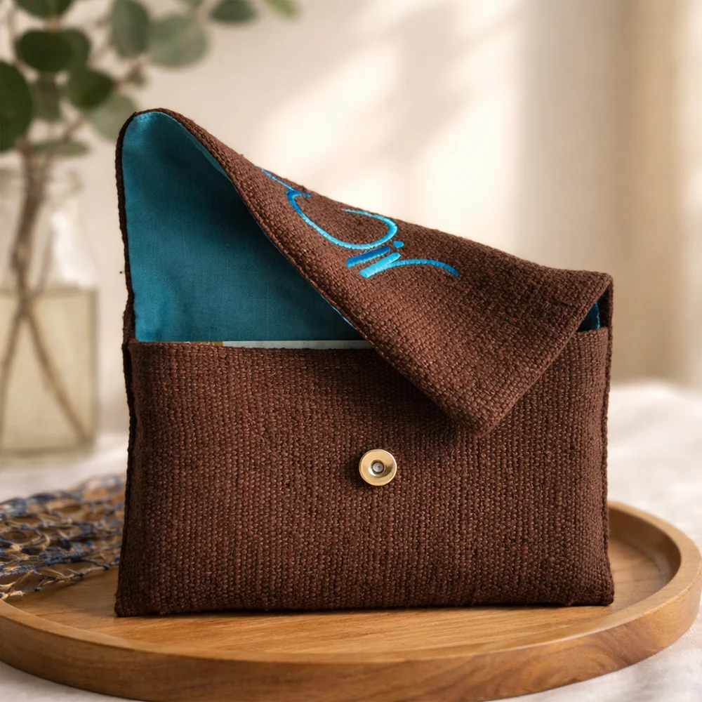 Handgemachtes WIR-Karten-Set plus Bauernleinentasche Braun/Türkis – sicher im SignShop Tirol bestellen