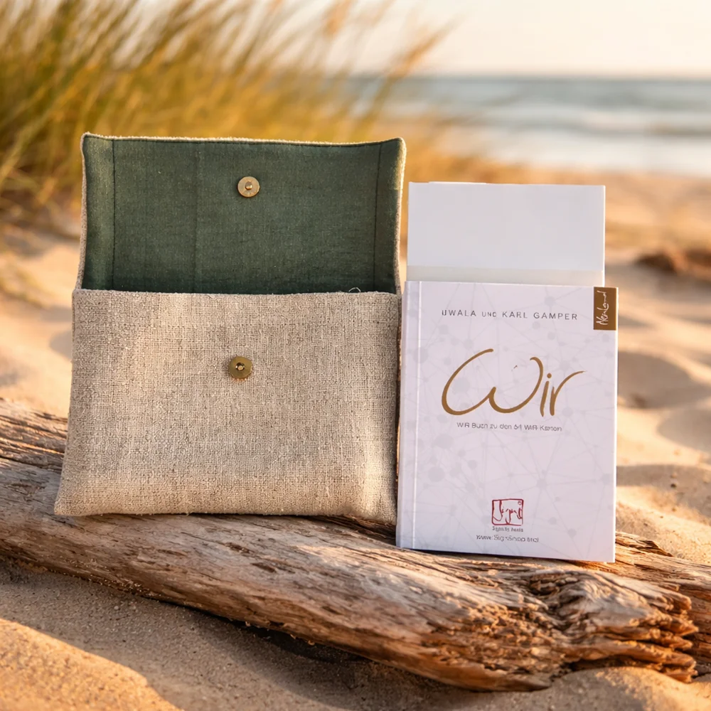 WIR-Karten-Set plus exklusive Bauernleinen-Tasche Natur mit olivgrüner Stickerei – Premium Beziehungskarten, jetzt sicher im SignShop Tirol erwerben