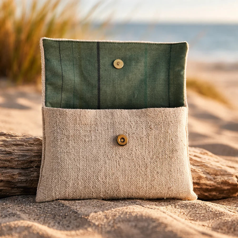 WIR-Karten-Set limitiert mit Bauernleinen-Tasche Natur, Stickerei und Futter Olivgrün – Premium Geschenkset, sicher online im SignShop Tirol bestellen