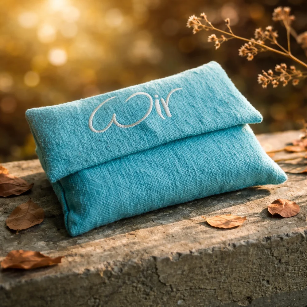 Handgemachtes WIR-Karten-Set plus Bauernleinentasche Petrol/Mint/Türkis – jetzt sicher im SignShop Tirol bestellen