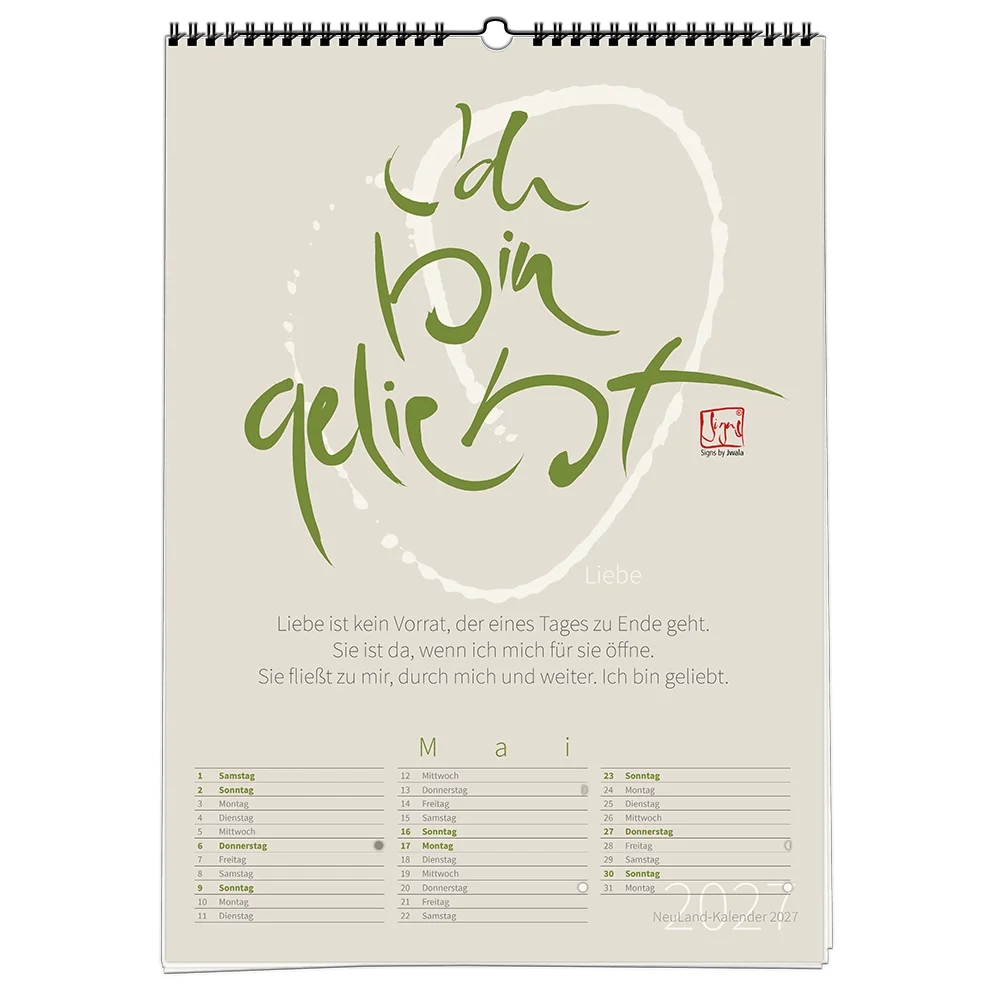 NeuLand Jahreskalender 2027 Kalenderblatt Mai Sign Ich Bin Geliebt mit kunstvoller Schrift zum Thema Liebe