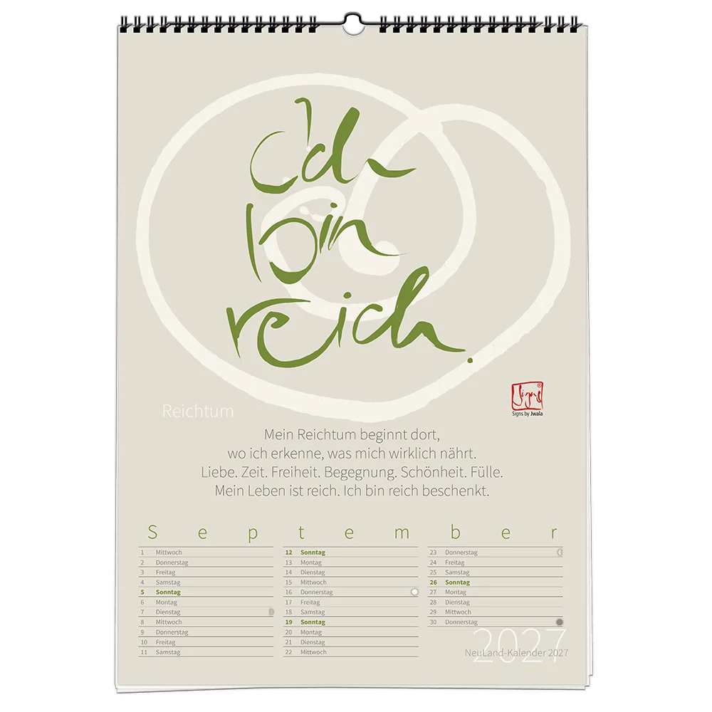 NeuLand Wandkalender 2027 Kalenderblatt September mit dem kunstvollen Schriftzug das Sign Ich Bin Reich zum Thema Reichtum und Fülle
