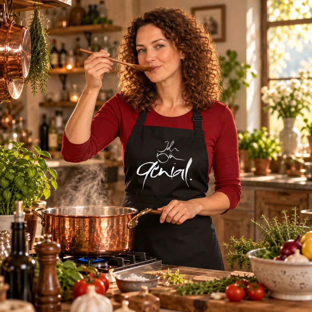 Frau in einer gemütlichen Küche probiert mit einem Holzlöffel Essen aus einem Kupfertopf, während sie eine schwarze Latzschürze mit der weißen Jwala-Sign „Ich bin genial.“ trägt.