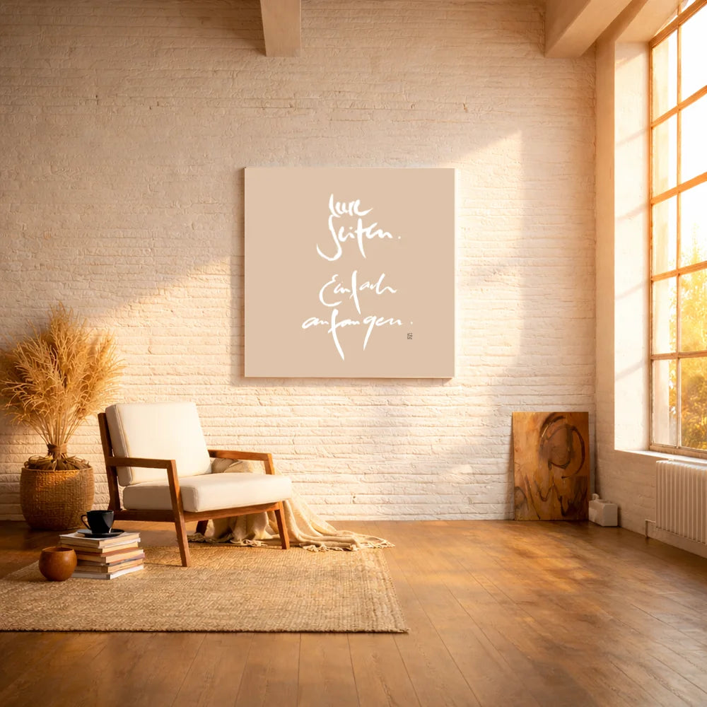 Handgemachte Leinwand „Leere Seiten. Einfach anfangen.“ – Originaldruck und Fingerzeige Karte, Sign by Jwala®, inspirierende Wanddekoration, limitiertes Kunstwerk