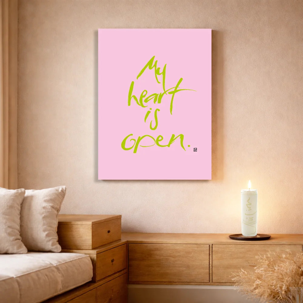 Exklusive Leinwand „My heart is open.“ mit Fingerzeige Karte – Originaldruck von Sign by Jwala®, handgefertigte Wandkunst aus Tirol, Limited Edition