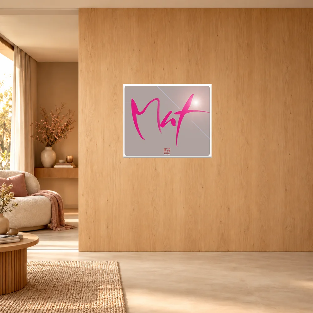 Minimalistisches Wandbild hinter Acrylglas mit der pinkfarbenen Botschaft Sign by Jwala 120x100 cm „Mut“ auf graubraunem Grund, elegant platziert in einem lichtdurchfluteten, modernen Raumdesign.