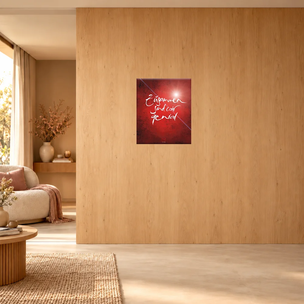 Inspirierendes Hochformat-Poster hinter Acrylglas mit dem weißen Schriftzug Sign by jwala 50x60 cm „Zusammen sind wir genial“ auf tiefrotem Hintergrund, präsentiert an einer modernen, hellen Holzwand im Wohnbereich.