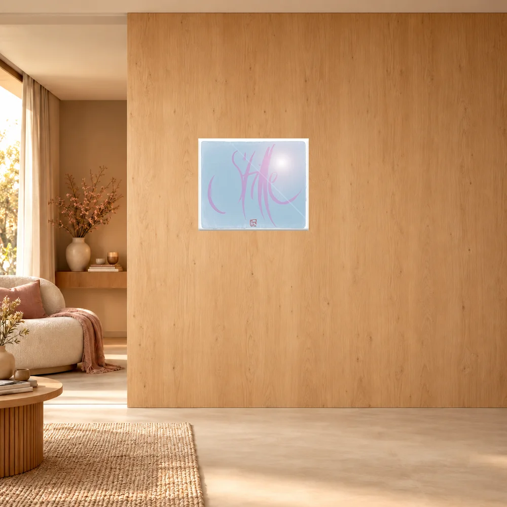 Modernes Kunstposter hinter Acrylglas  im Querformat mit dem zartrosa Sign by Jwala 60x50 cm  „Stille“ auf hellblauem Hintergrund, als stilvoller Akzent an einer hellen Holzwand neben einem Loungesessel.