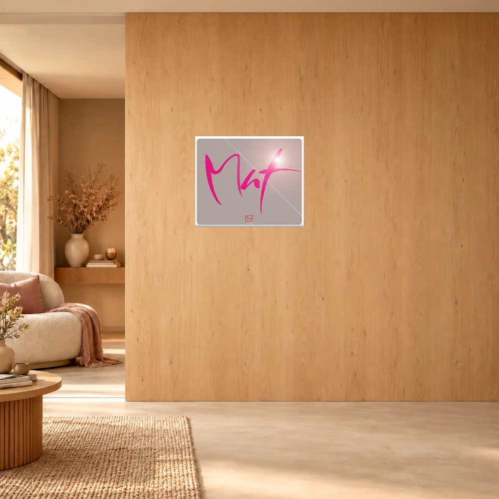 Minimalistisches Wandbild hinter Acrylglas mit der pinkfarbenen Botschaft Sign by Jwala 60x50 cm „Mut“ auf graubraunem Grund, elegant platziert in einem lichtdurchfluteten, modernen Raumdesign.