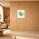 Kreatives Wandbild hinter Acrylglas Sign by jwala 100x120 cm „Paradise auf Erden“ mit fließenden gold-türkisen Kreisstrukturen, perfekt abgestimmt auf ein helles Interieur.