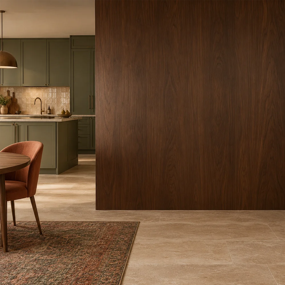 Detailansicht einer leeren, eleganten Wand aus dunklem Holzfurnier im Wohn- und Küchenbereich – ideal für individuelle Wanddekorationen.