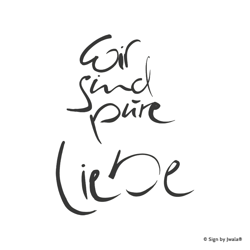 Die Botschaft „Wir sind pure Liebe“ wird auf Kissen, Kerzen, Karten, Orakelkarten, Wanddekoration, Sitzkissen, Malas mit Halbedelsteinen und Gläsern aus dem Onlineshop SignShop Tirol angebracht und entfaltet dort ihre spirituelle Wirkung. Mit SignShop Tirol Logo und Copyright von Jwala®.