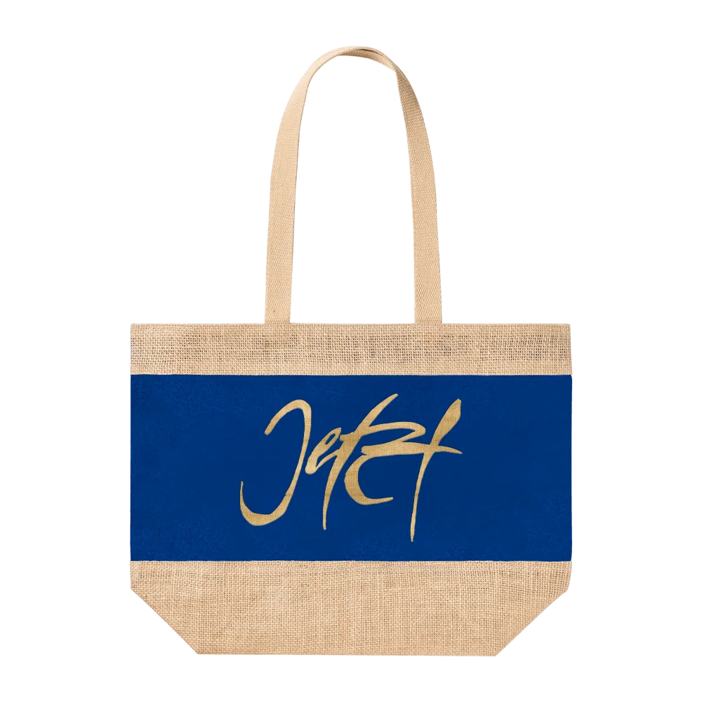 Blaue Jute-Strandtasche bedruckt mit der Botschaft Jetzt von Sign by Jwala