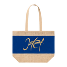Blaue Jute-Strandtasche bedruckt mit der Botschaft Jetzt von Sign by Jwala