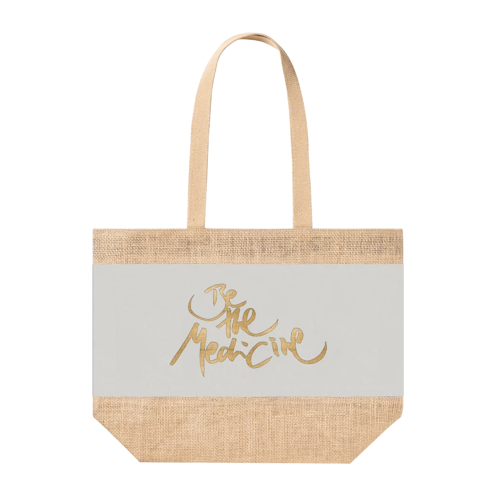 Grau-naturfarbene Jute-Strandtasche mit dem Sign Be the medicine