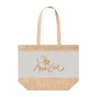 Grau-naturfarbene Jute-Strandtasche mit dem Sign Be the medicine