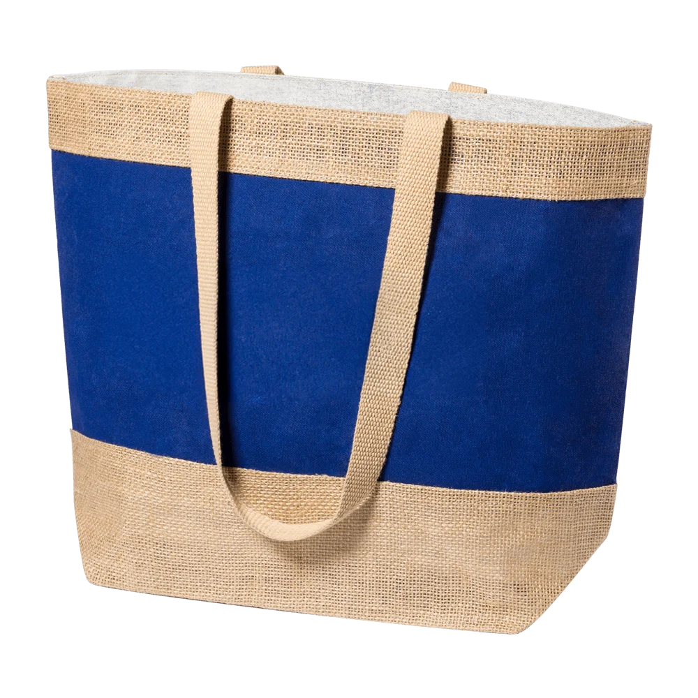 Perspektivische Ansicht der geräumigen Jute-Strandtasche in Blau mit Tragegriffen