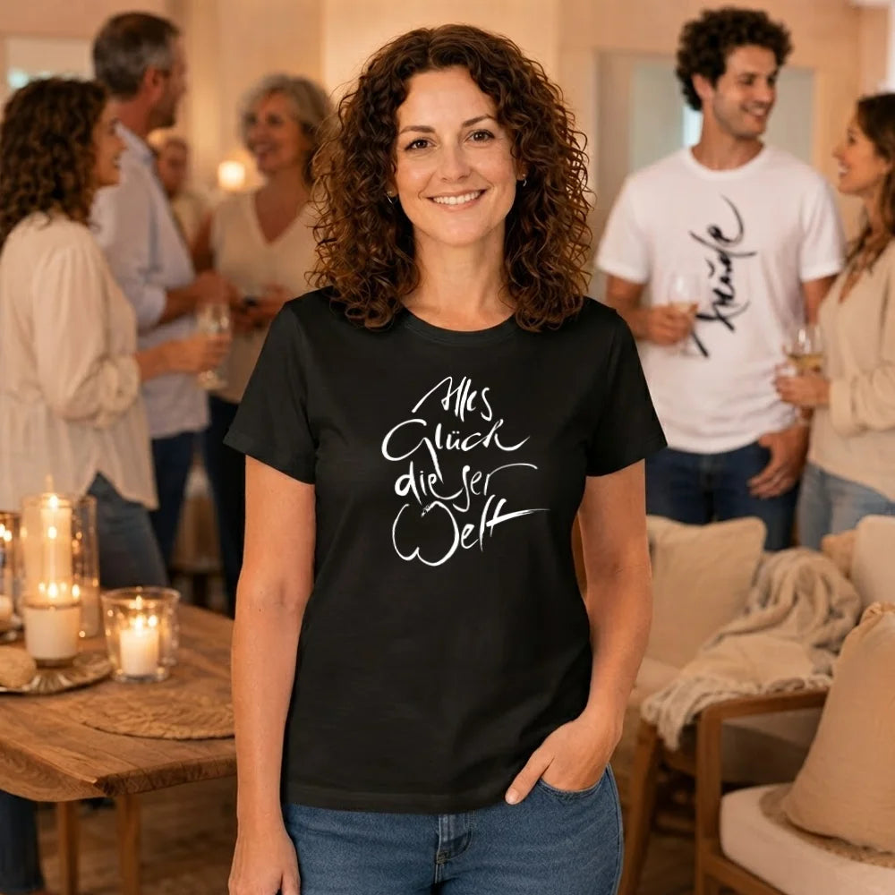 Hochwertiges Damen-Shirt von Stanley/Stella mit spirituellem Sign, schwarzem Stoff und Wunschmotiv auf der Vorderseite