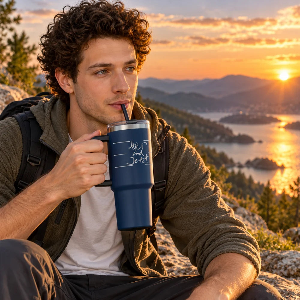 in junger Mann mit Rucksack rastet beim Wandern auf einem Berggipfel und trinkt mit einem Strohhalm aus einem großen, dunkelblauen Jwala-Thermobecher mit Henkel und dem Schriftzug „Hier und Jetzt“.